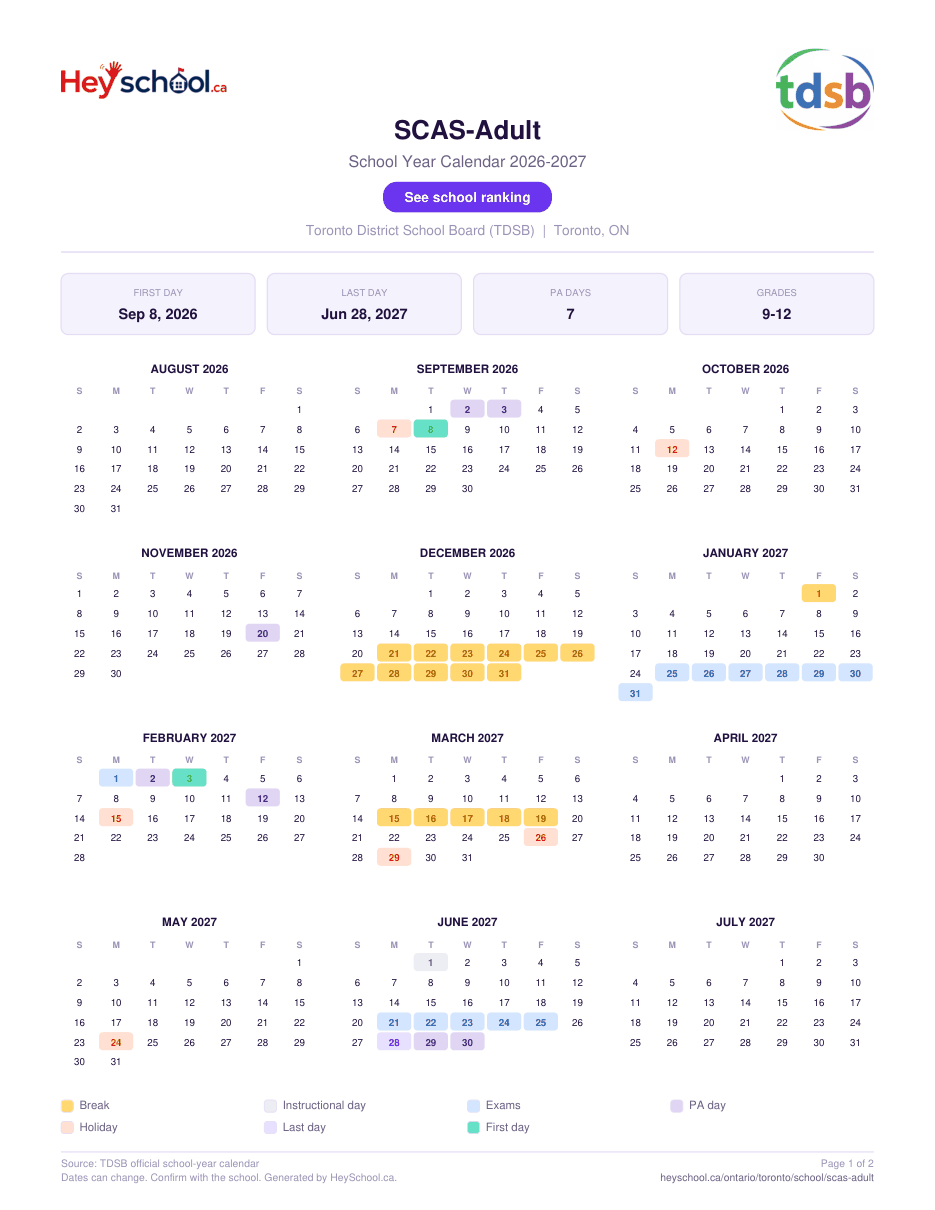 SCAS-Adult School Year Calendar 2026-2027