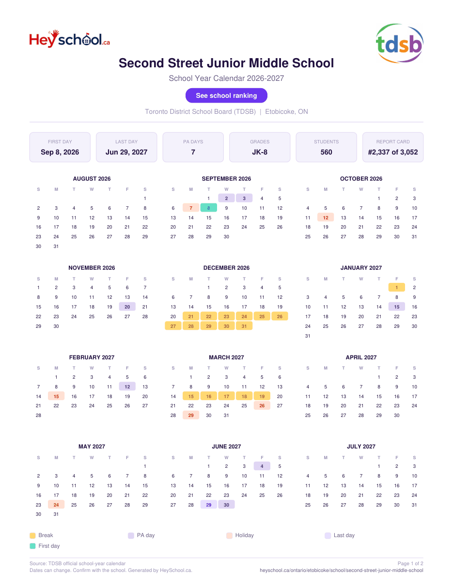 Second Street Junior Middle School School Year Calendar 2026-2027