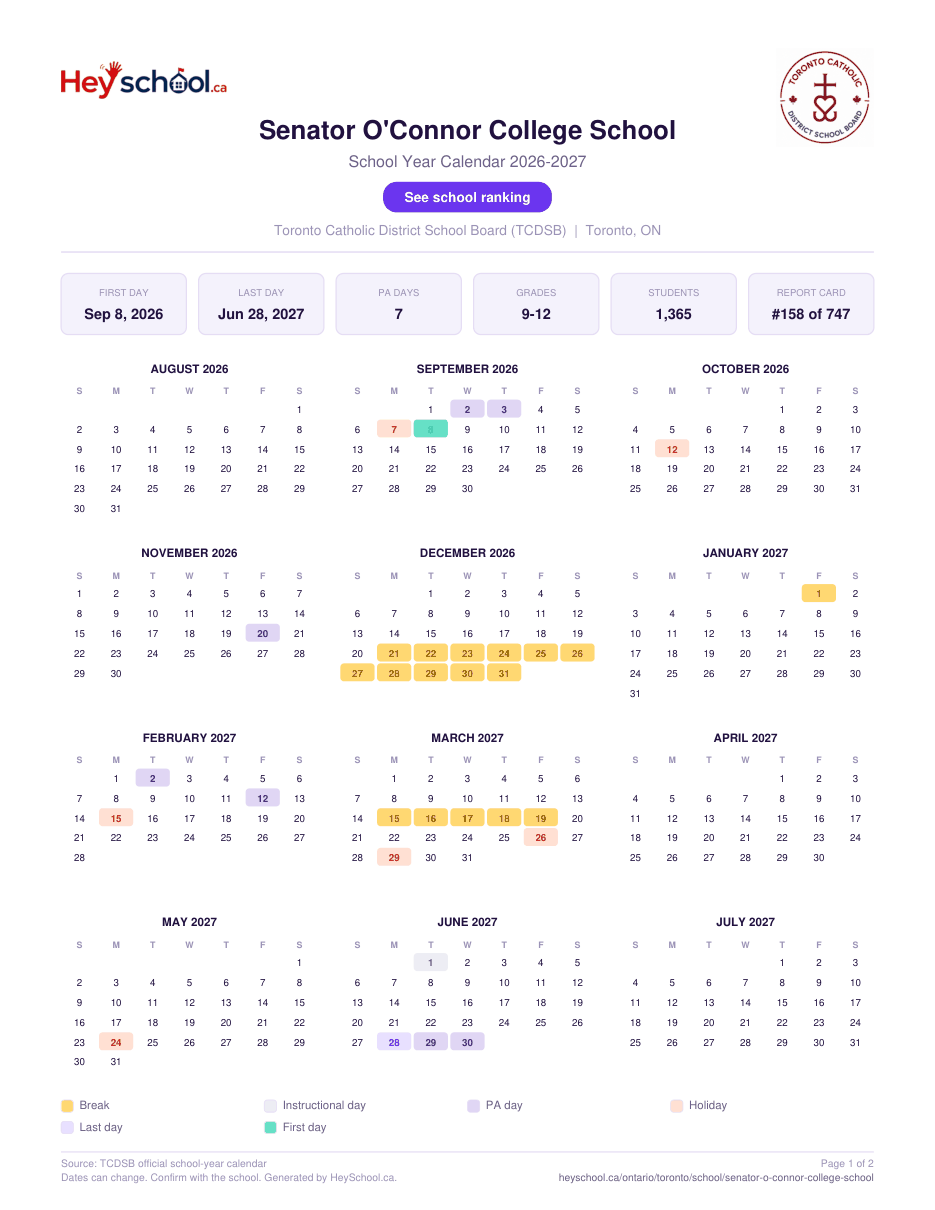 Senator O'Connor College School School Year Calendar 2026-2027