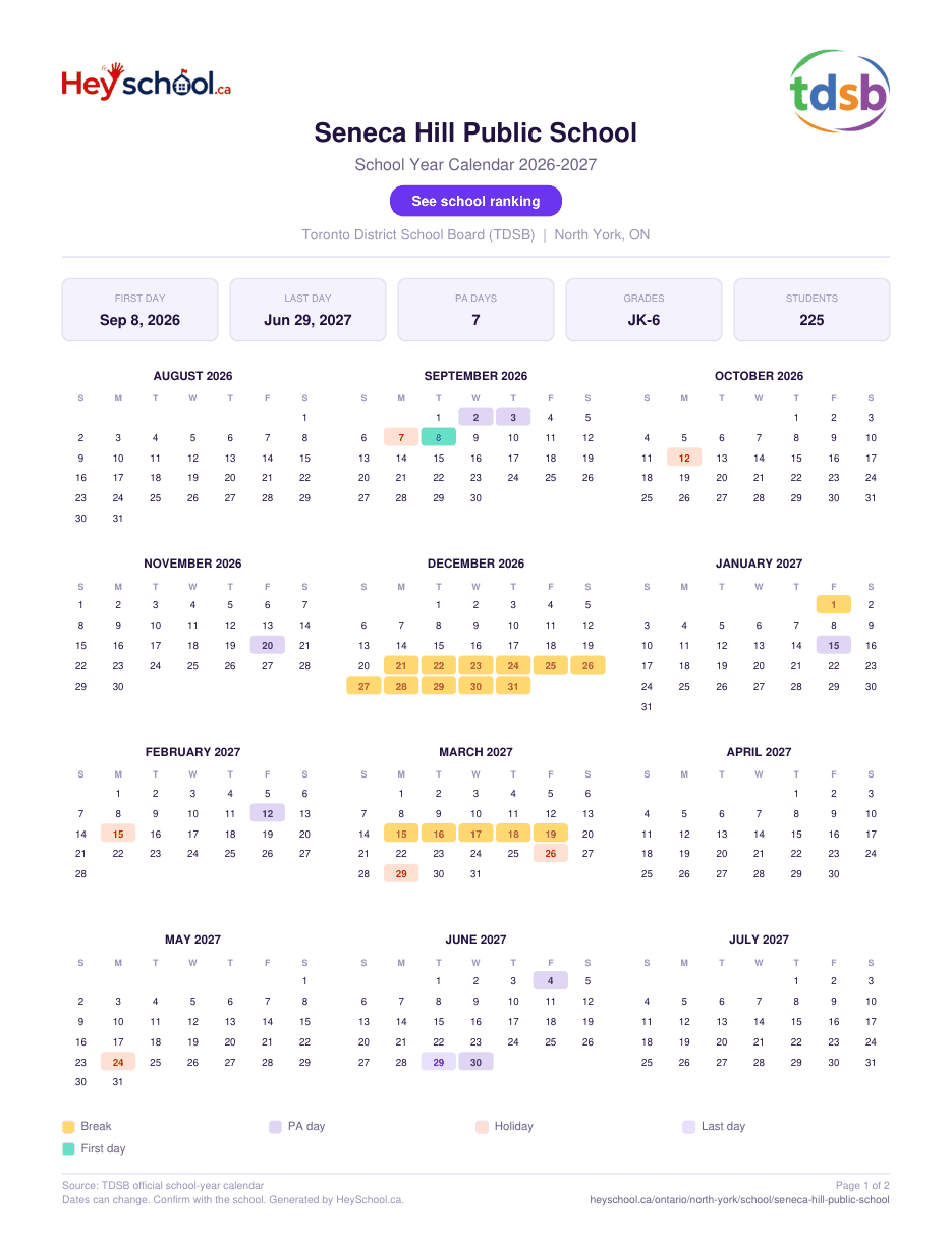 Seneca Hill Public School School Year Calendar 2026-2027