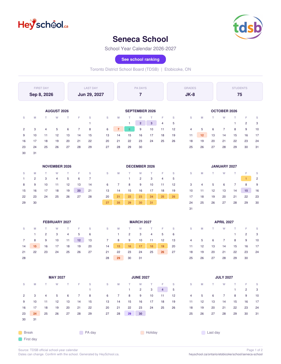 Seneca School School Year Calendar 2026-2027
