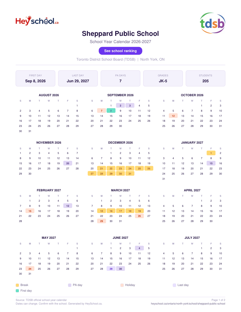 Sheppard Public School School Year Calendar 2026-2027