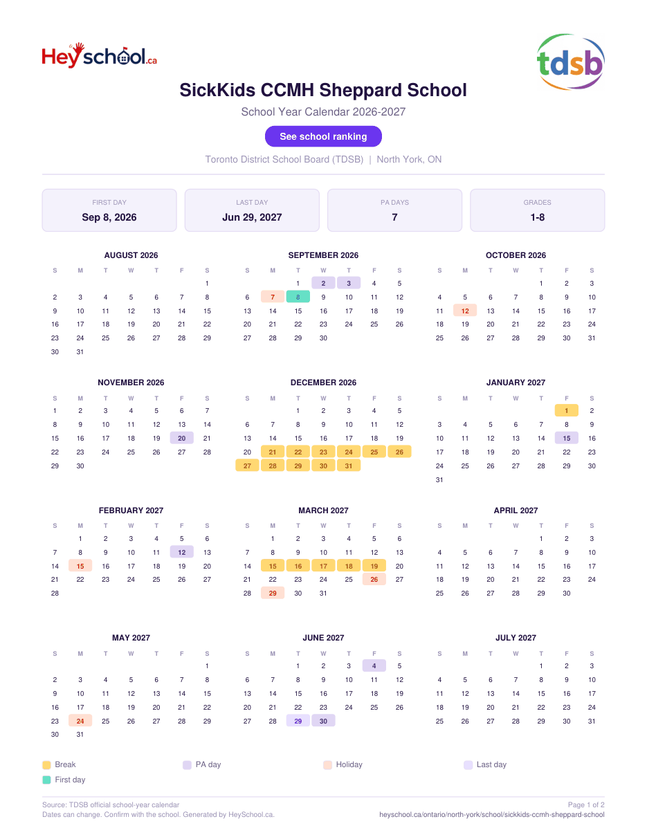 SickKids CCMH Sheppard School School Year Calendar 2026-2027