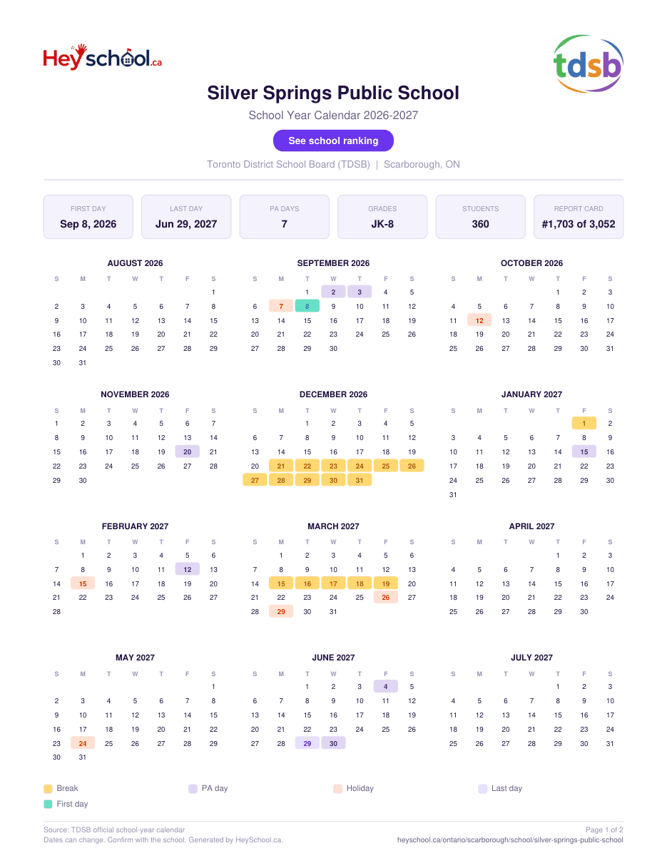 Silver Springs Public School School Year Calendar 2026-2027
