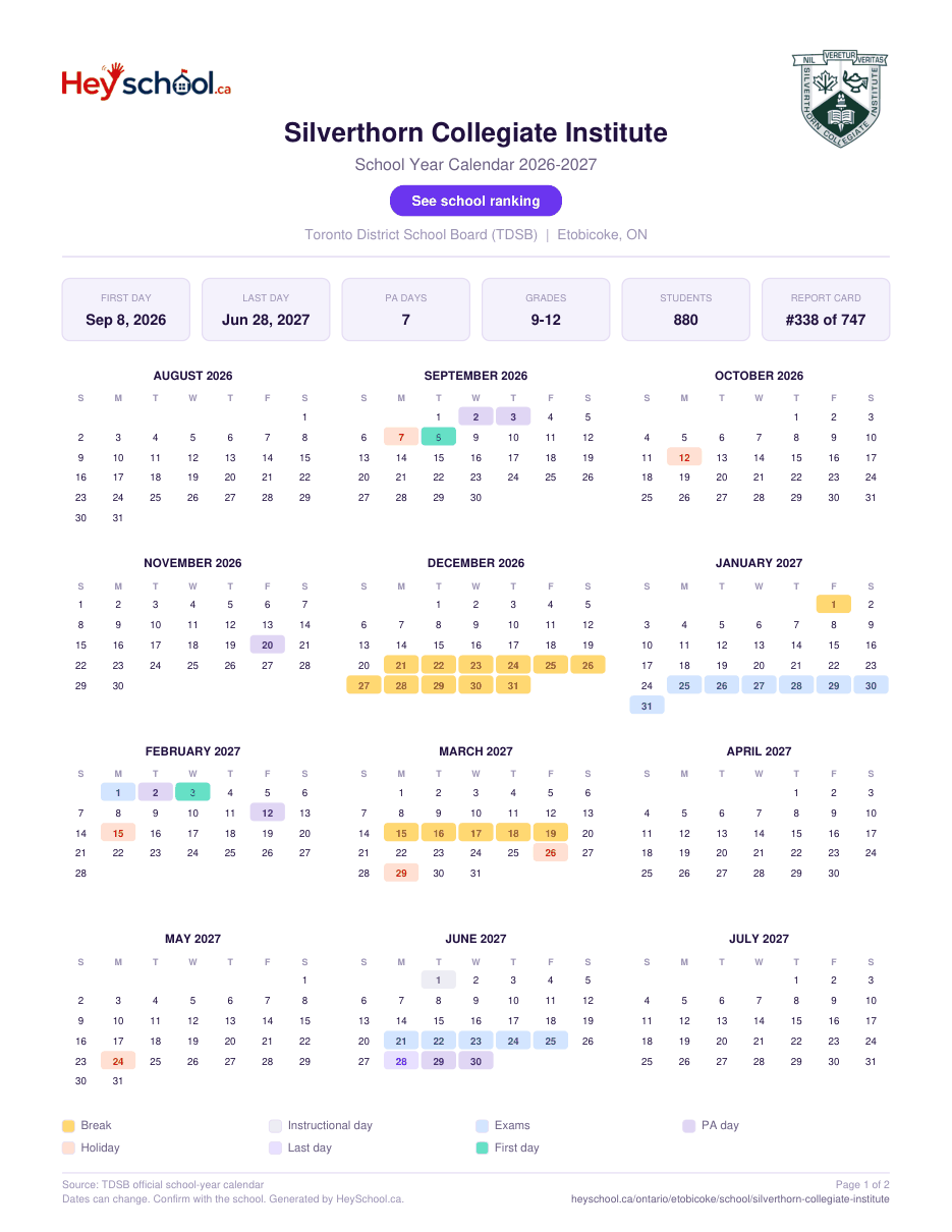 Silverthorn Collegiate Institute School Year Calendar 2026-2027
