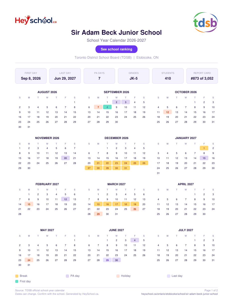 Sir Adam Beck Junior School School Year Calendar 2026-2027