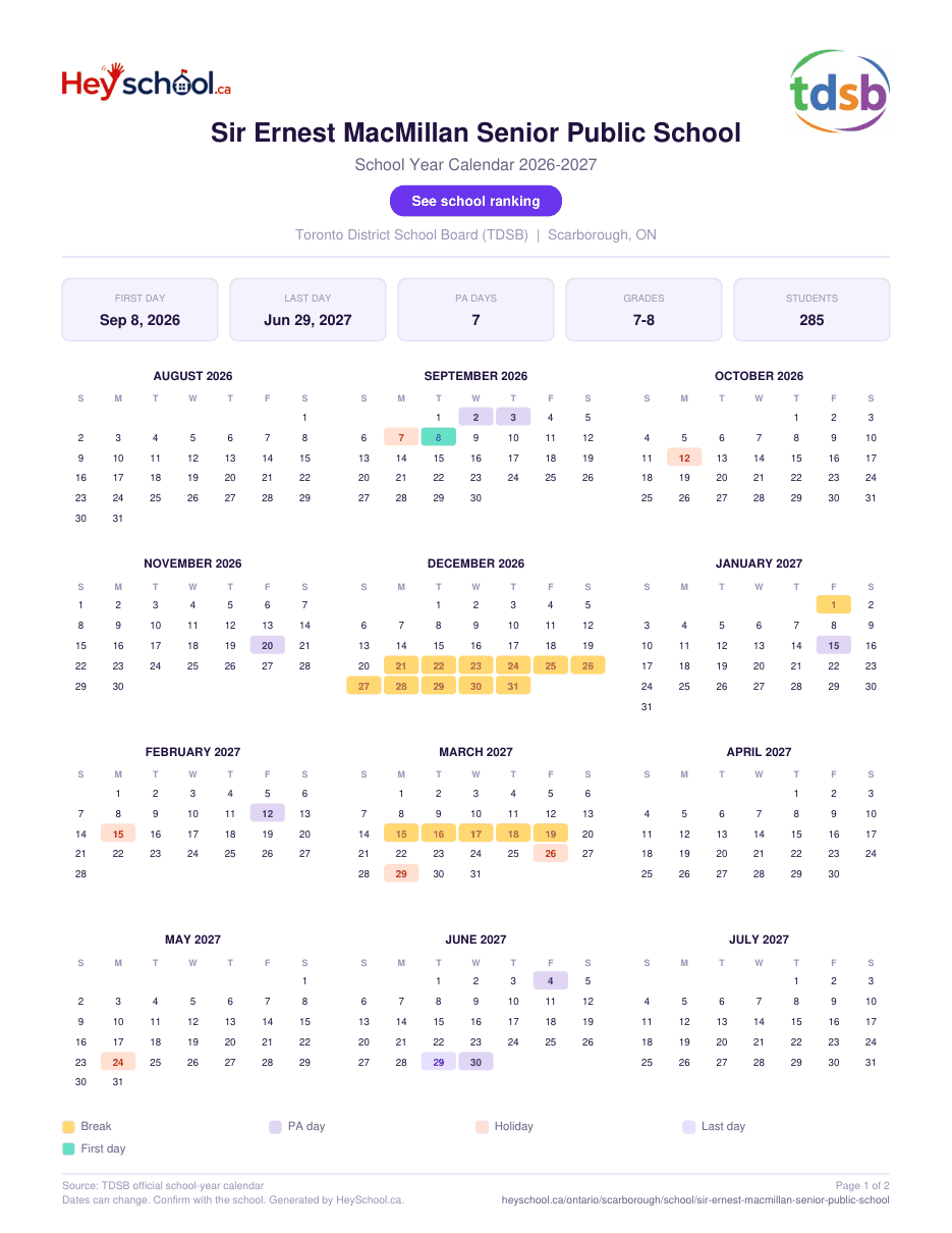 Sir Ernest MacMillan Senior Public School School Year Calendar 2026-2027