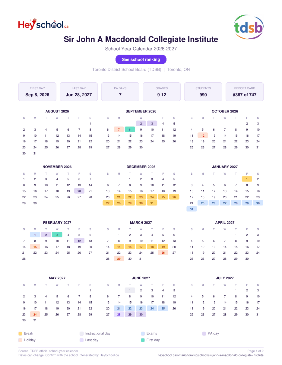 Sir John A Macdonald Collegiate Institute School Year Calendar 2026-2027