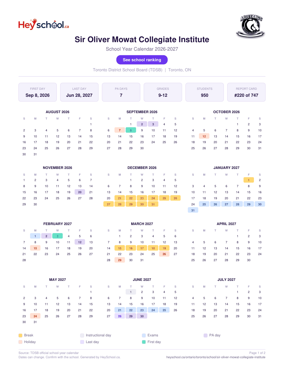 Sir Oliver Mowat Collegiate Institute School Year Calendar 2026-2027