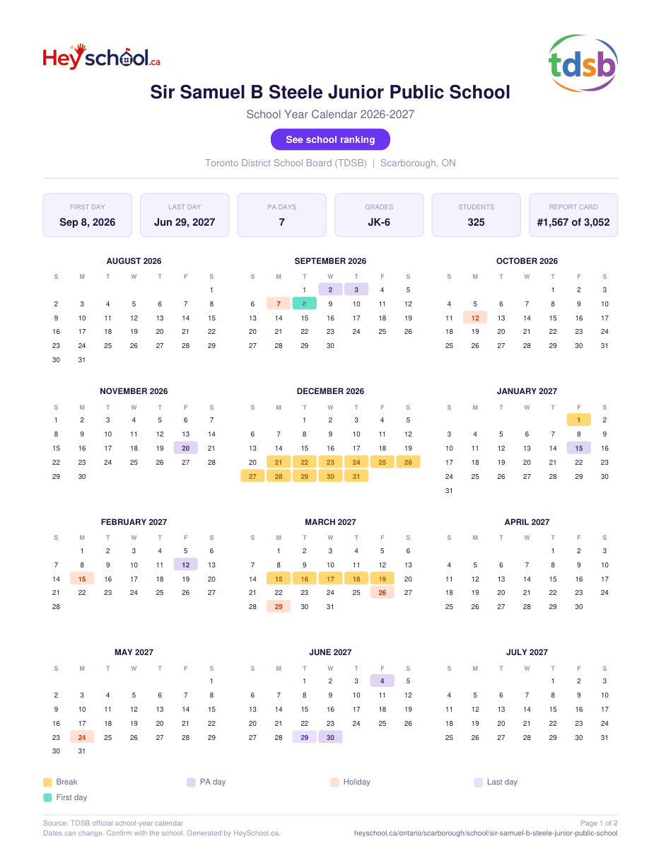 Sir Samuel B Steele Junior Public School School Year Calendar 2026-2027