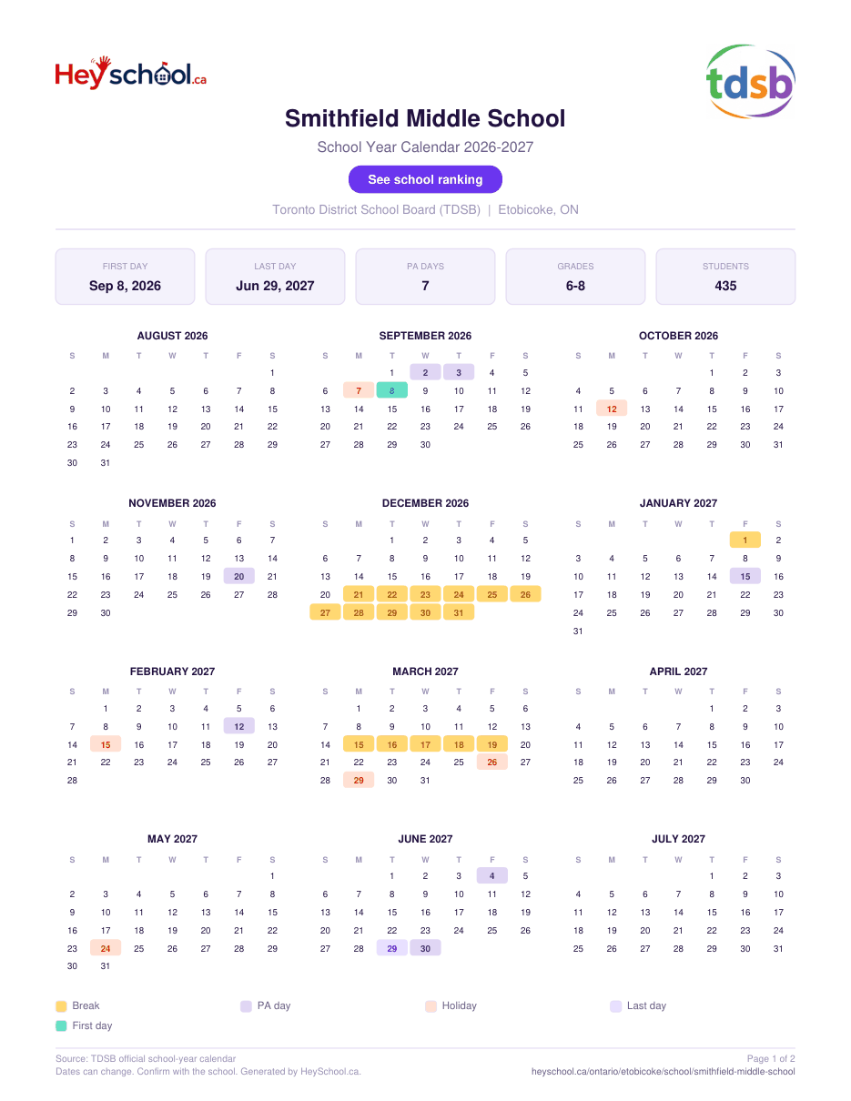 Smithfield Middle School School Year Calendar 2026-2027