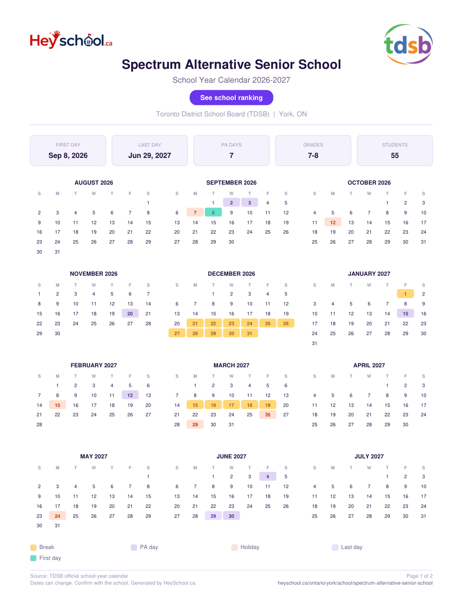 Spectrum Alternative Senior School School Year Calendar 2026-2027