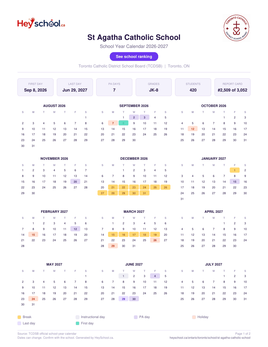 St Agatha Catholic School School Year Calendar 2026-2027
