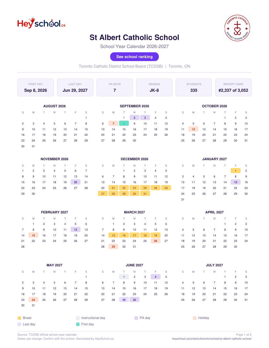 St Albert Catholic School School Year Calendar 2026-2027