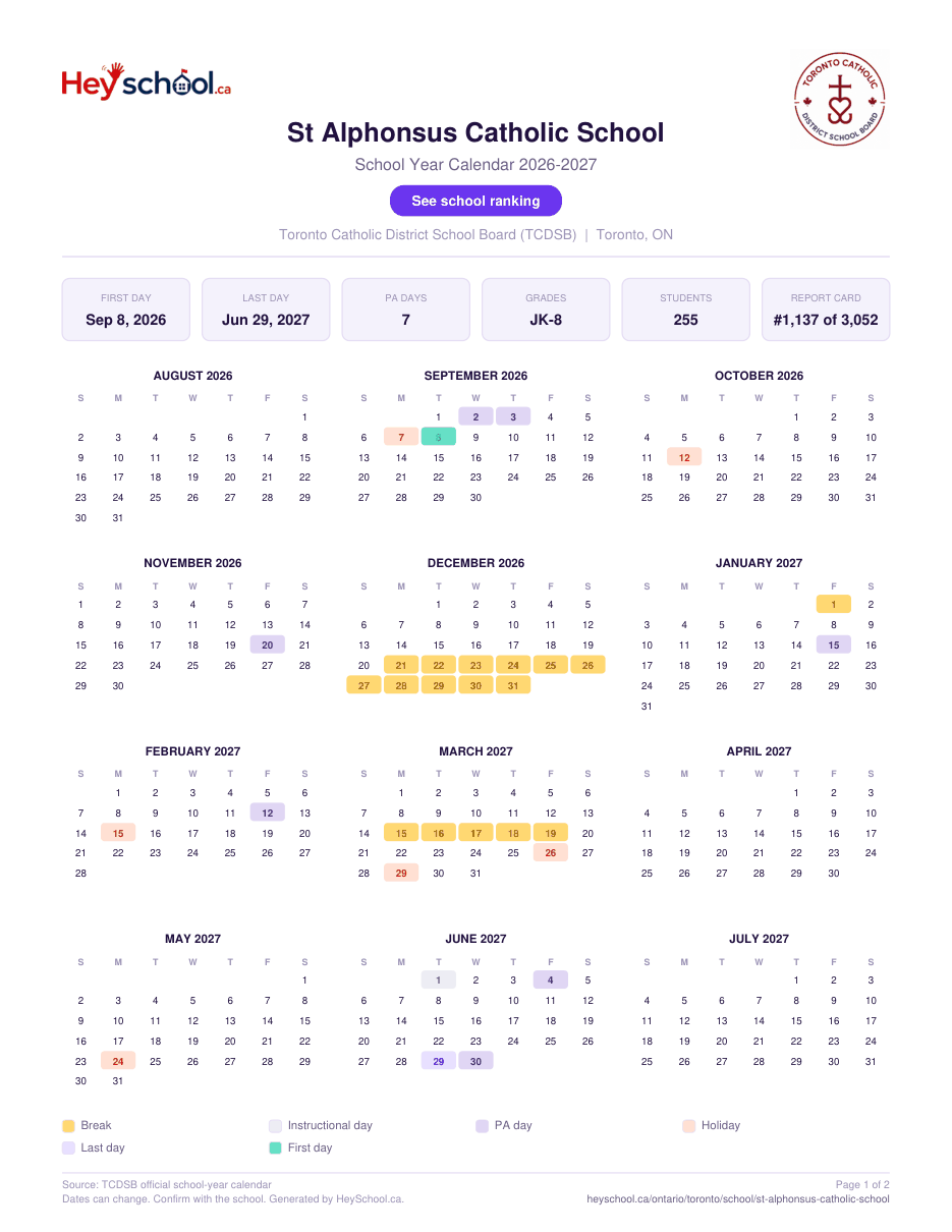 St Alphonsus Catholic School School Year Calendar 2026-2027