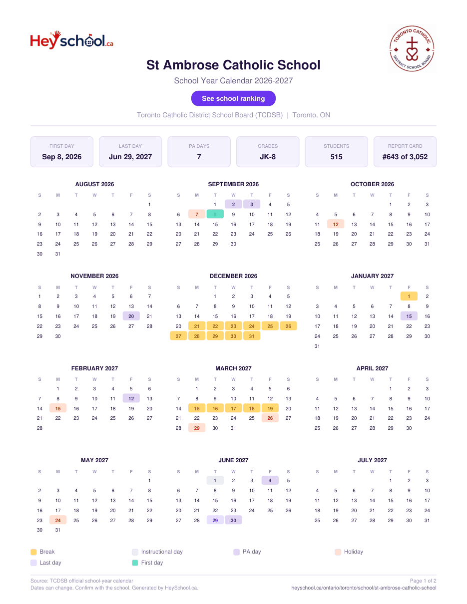 St Ambrose Catholic School School Year Calendar 2026-2027