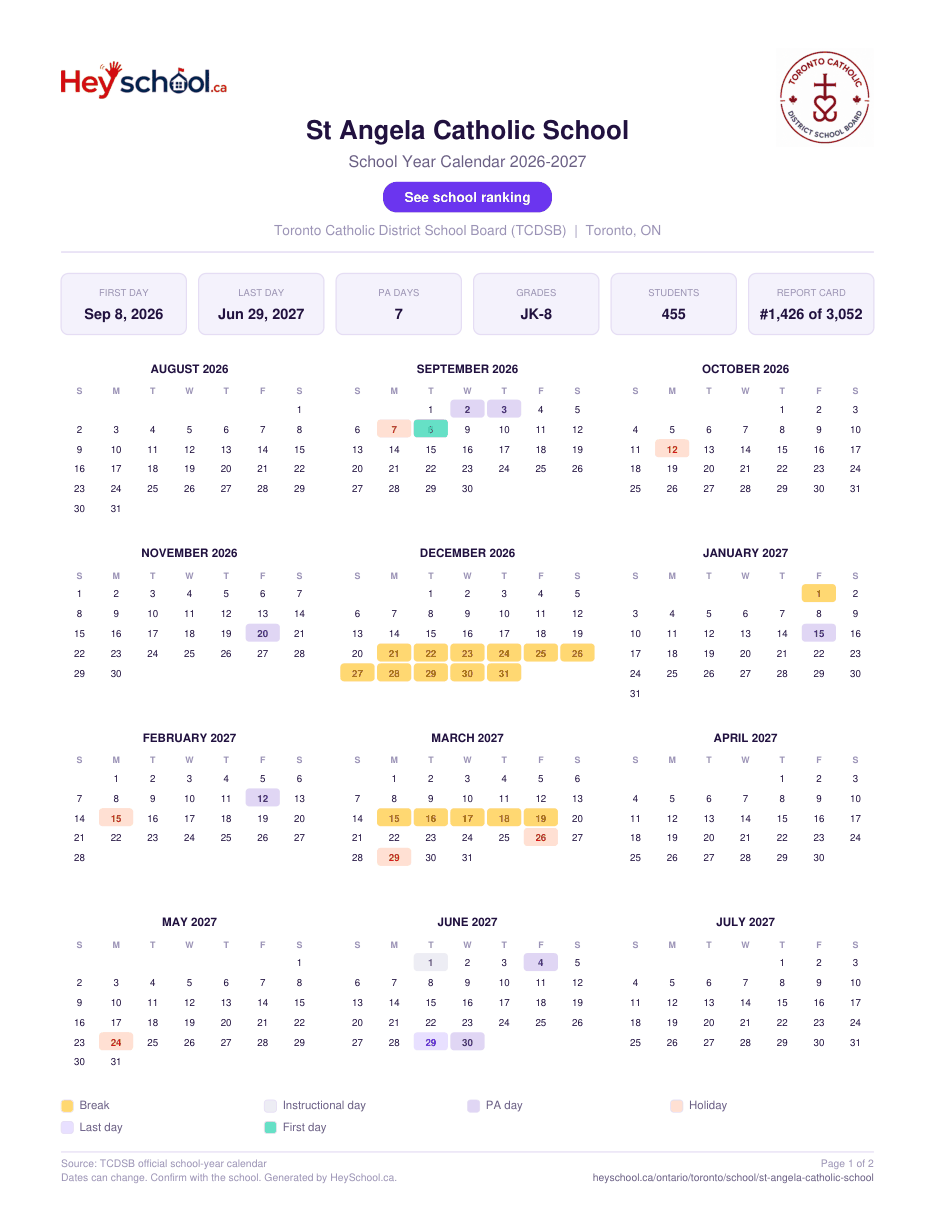 St Angela Catholic School School Year Calendar 2026-2027