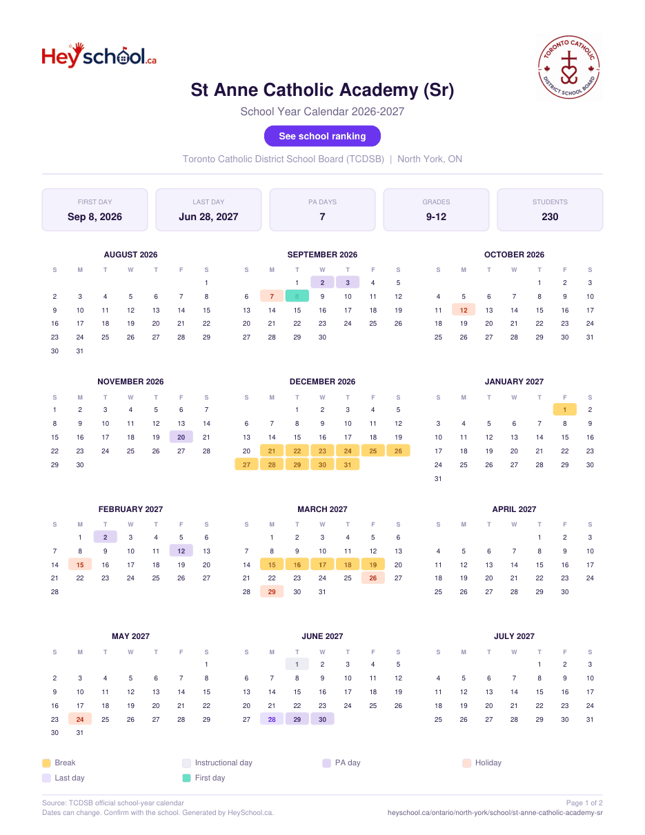 St Anne Catholic Academy (Sr) School Year Calendar 2026-2027