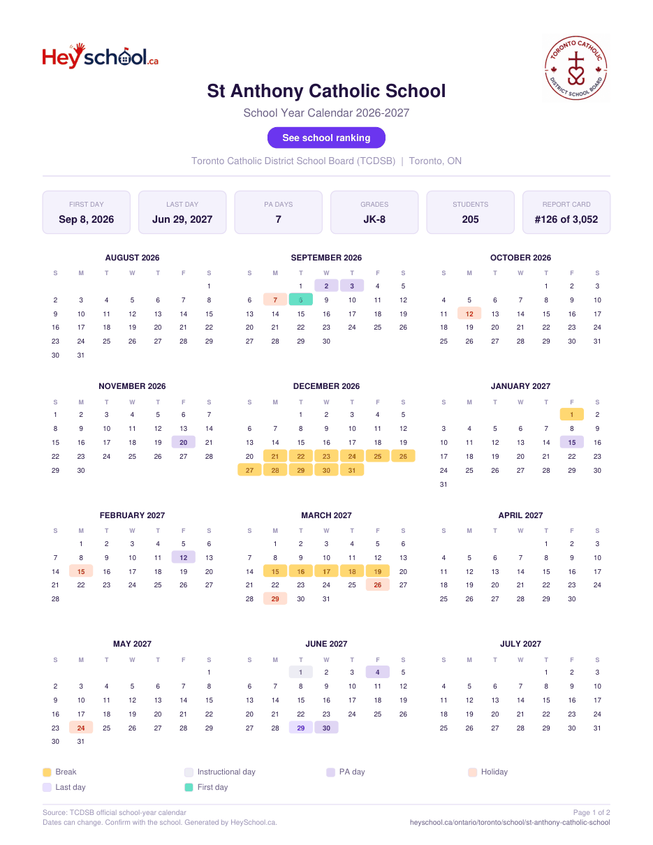 St Anthony Catholic School School Year Calendar 2026-2027