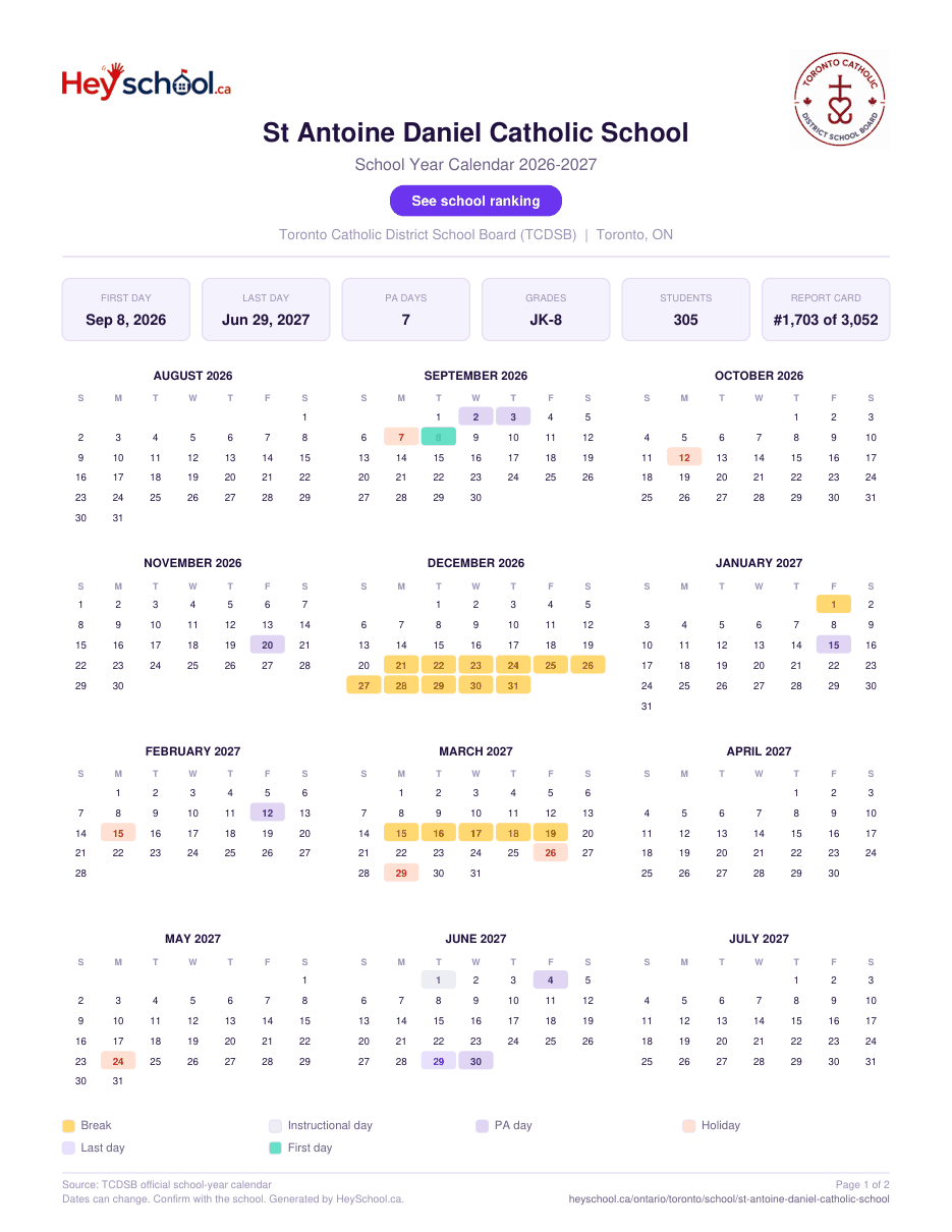 St Antoine Daniel Catholic School School Year Calendar 2026-2027