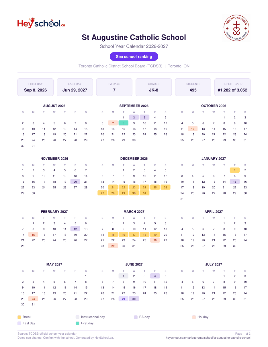 St Augustine Catholic School School Year Calendar 2026-2027