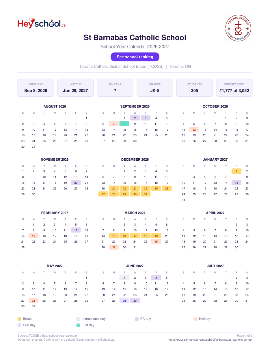 St Barnabas Catholic School School Year Calendar 2026-2027