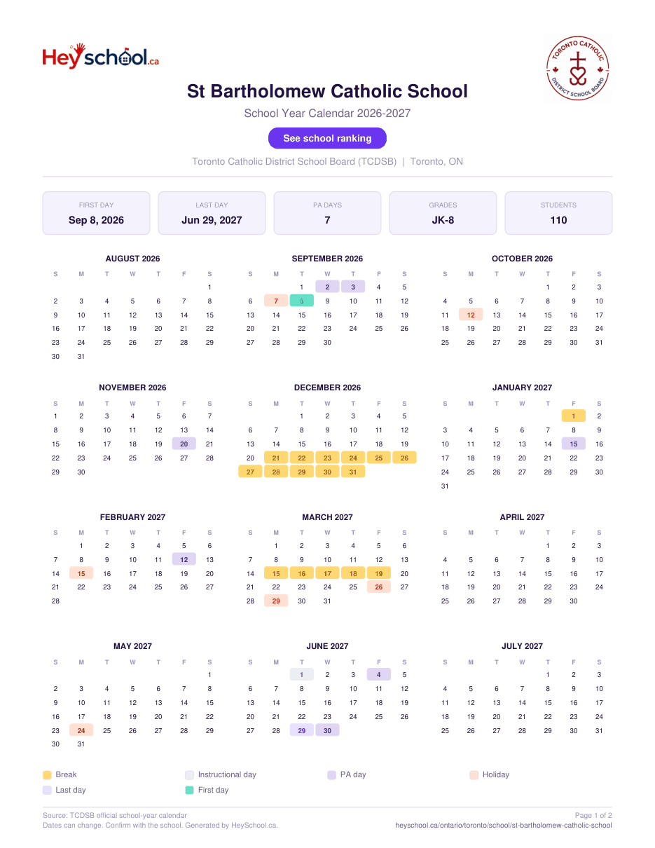 St Bartholomew Catholic School School Year Calendar 2026-2027