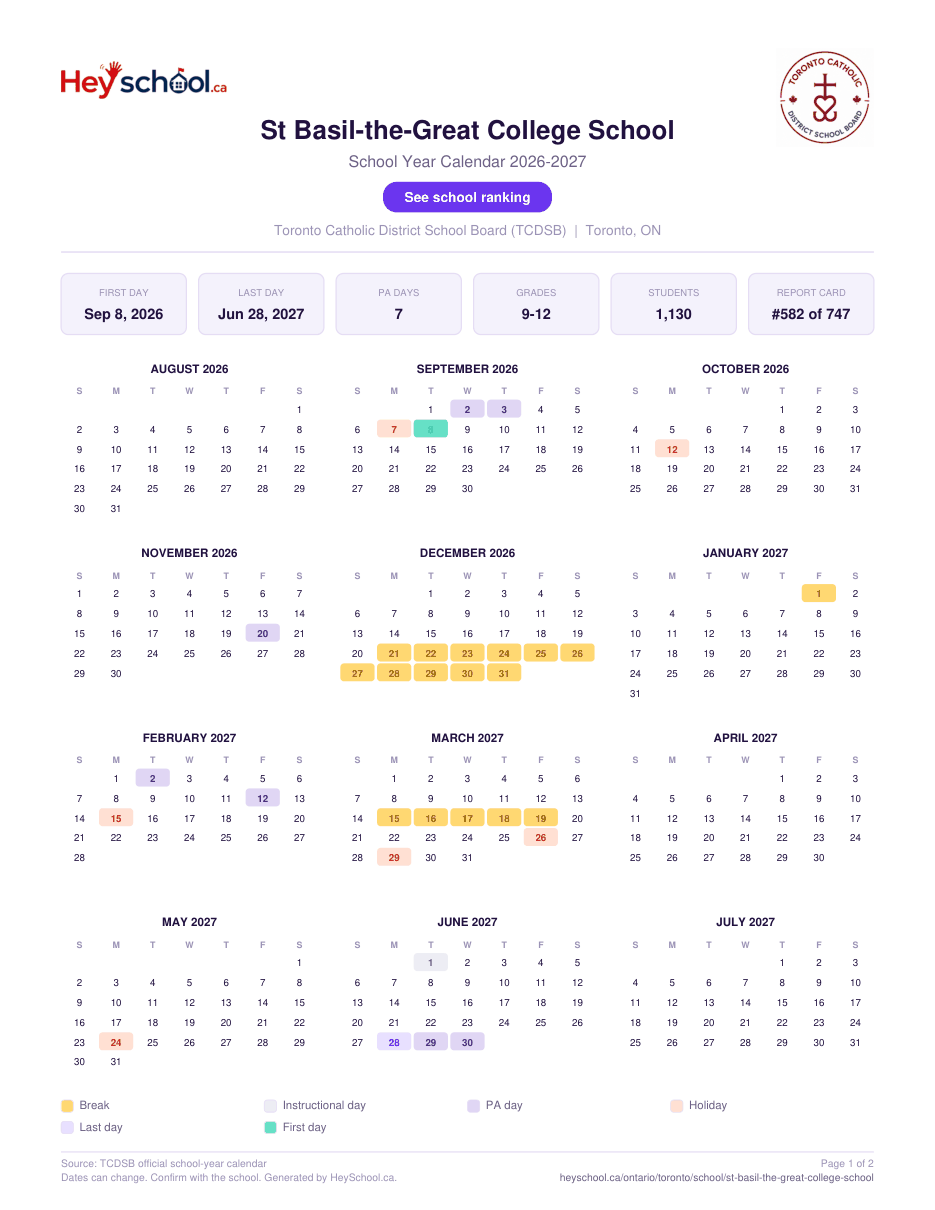 St Basil-the-Great College School School Year Calendar 2026-2027