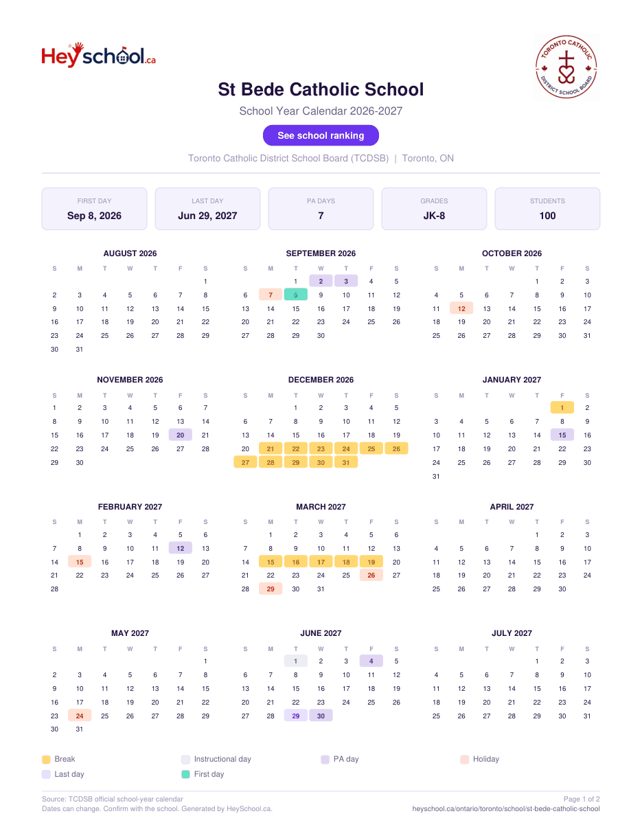 St Bede Catholic School School Year Calendar 2026-2027