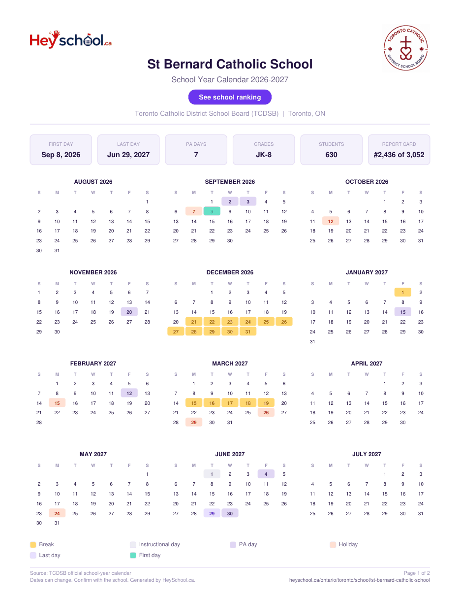 St Bernard Catholic School School Year Calendar 2026-2027