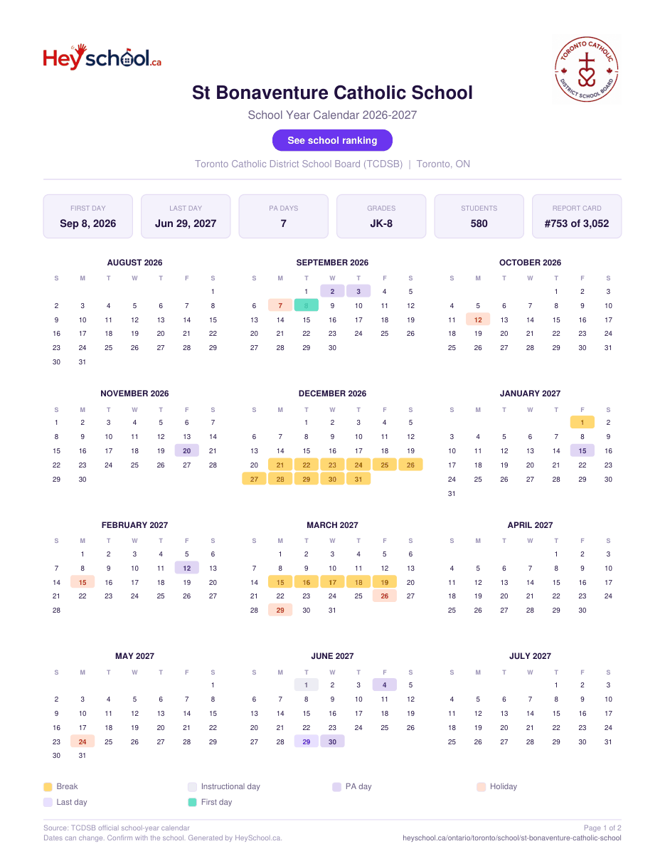 St Bonaventure Catholic School School Year Calendar 2026-2027