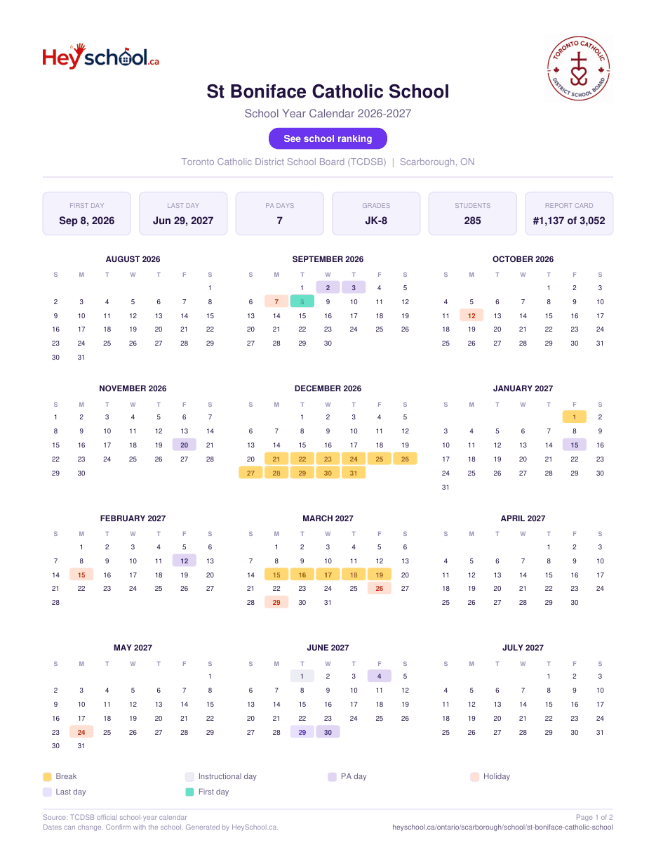 St Boniface Catholic School School Year Calendar 2026-2027