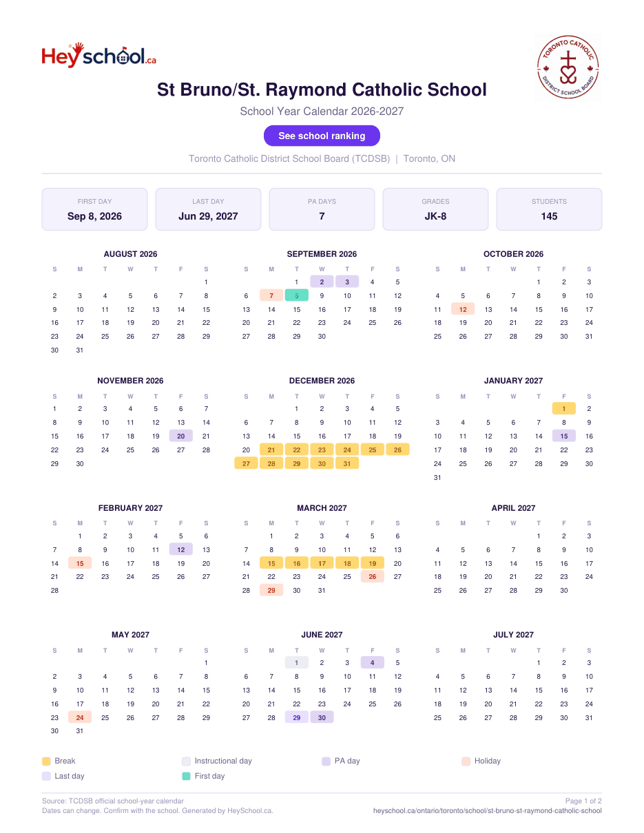 St Bruno/St. Raymond Catholic School School Year Calendar 2026-2027