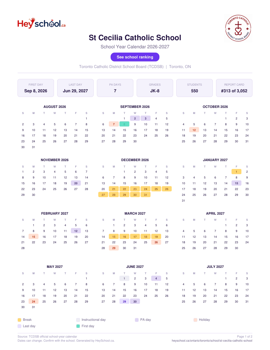 St Cecilia Catholic School School Year Calendar 2026-2027