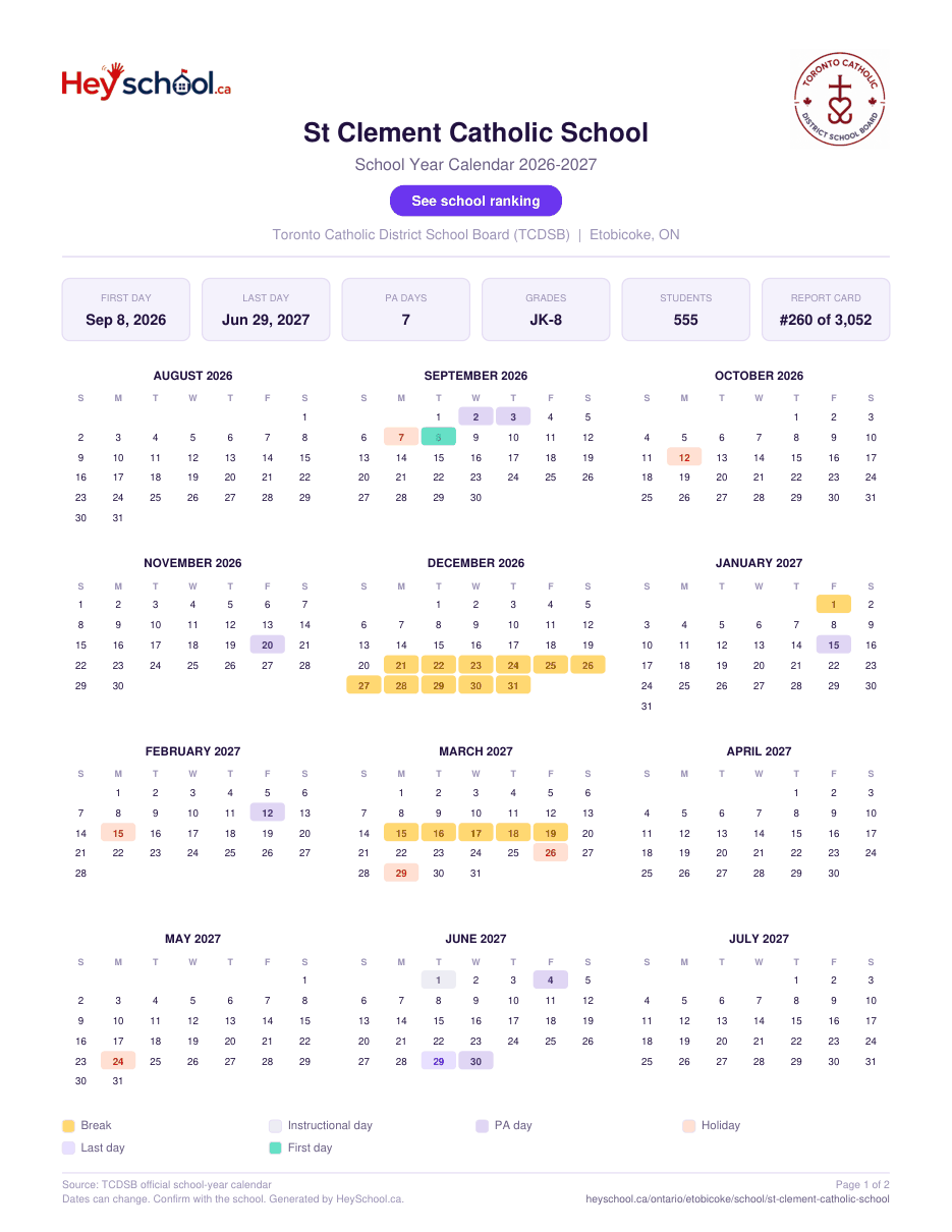 St Clement Catholic School School Year Calendar 2026-2027