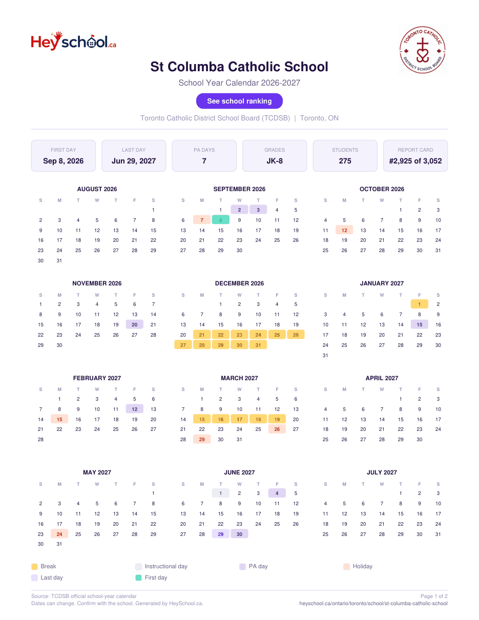 St Columba Catholic School School Year Calendar 2026-2027