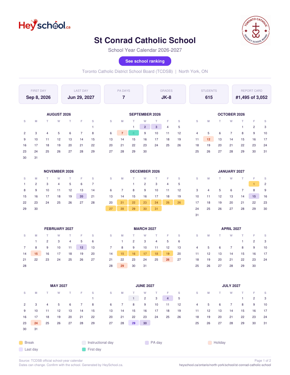 St Conrad Catholic School School Year Calendar 2026-2027