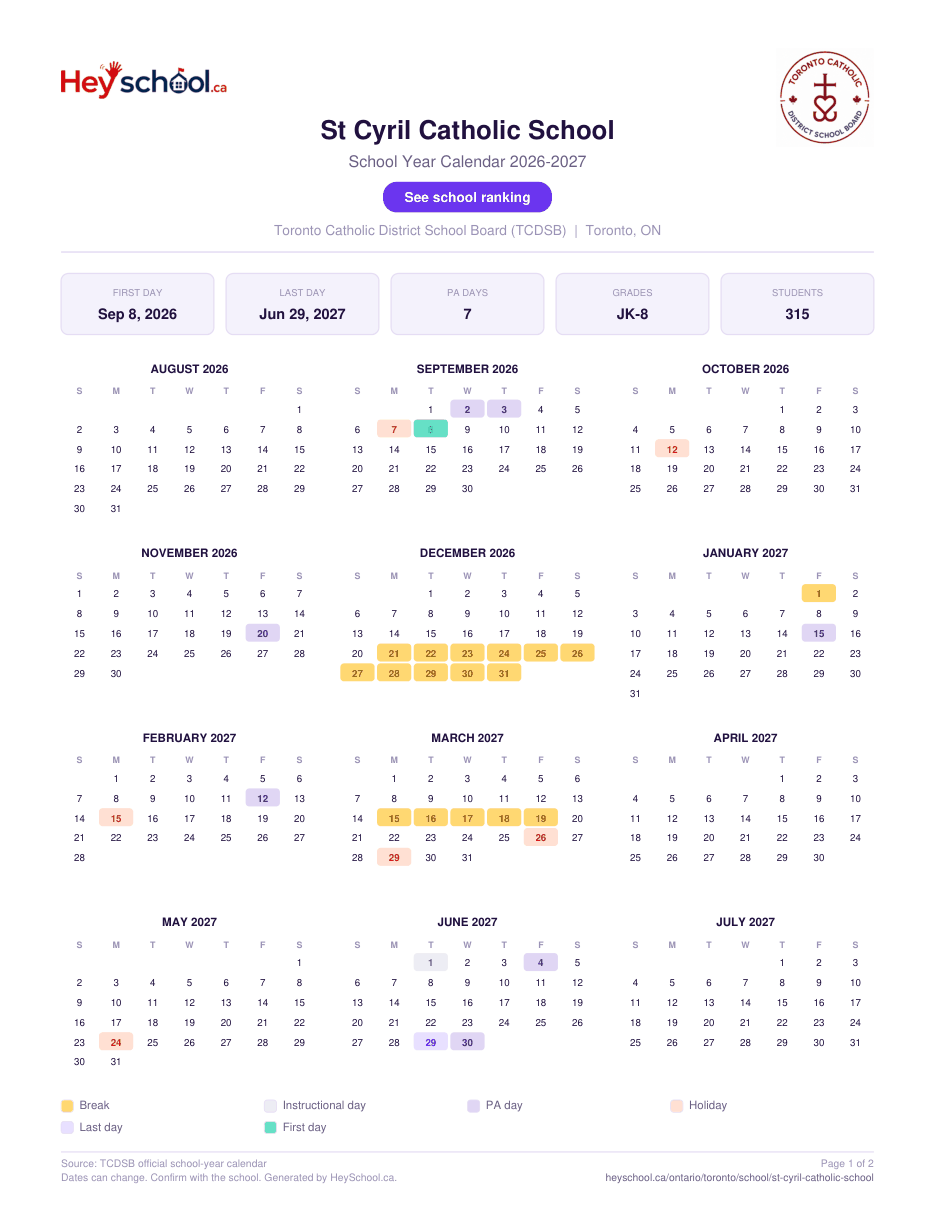St Cyril Catholic School School Year Calendar 2026-2027