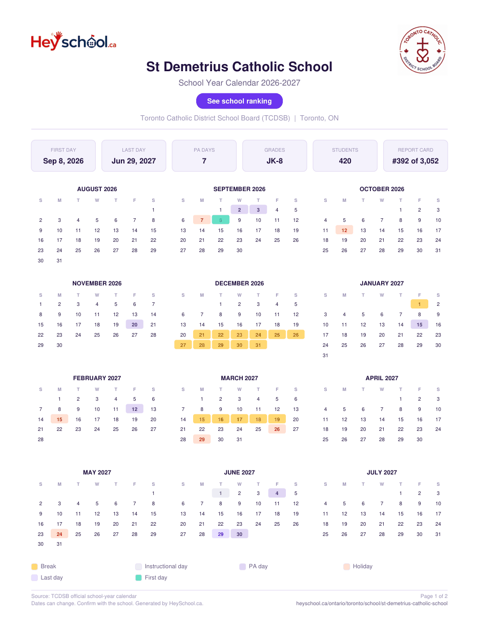 St Demetrius Catholic School School Year Calendar 2026-2027