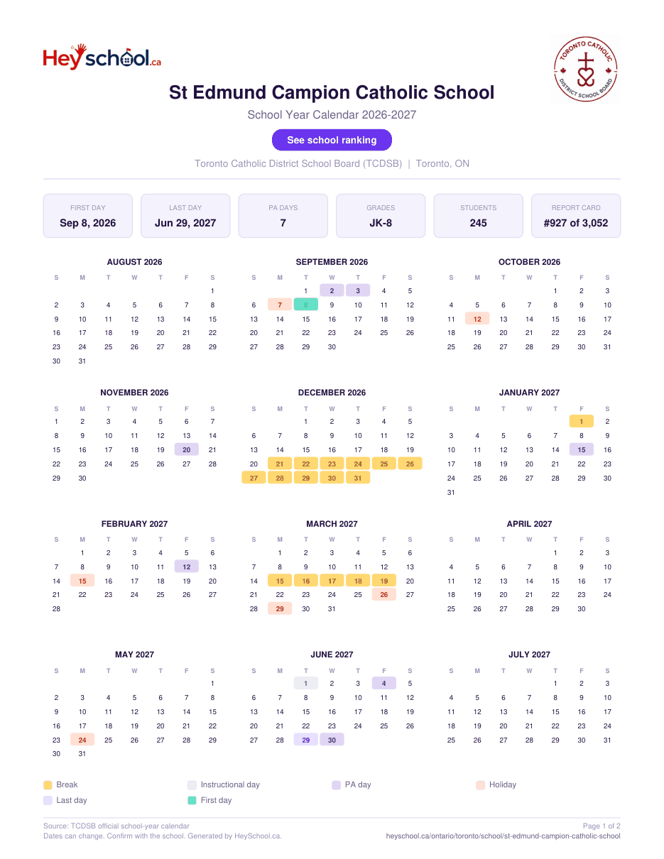 St Edmund Campion Catholic School School Year Calendar 2026-2027