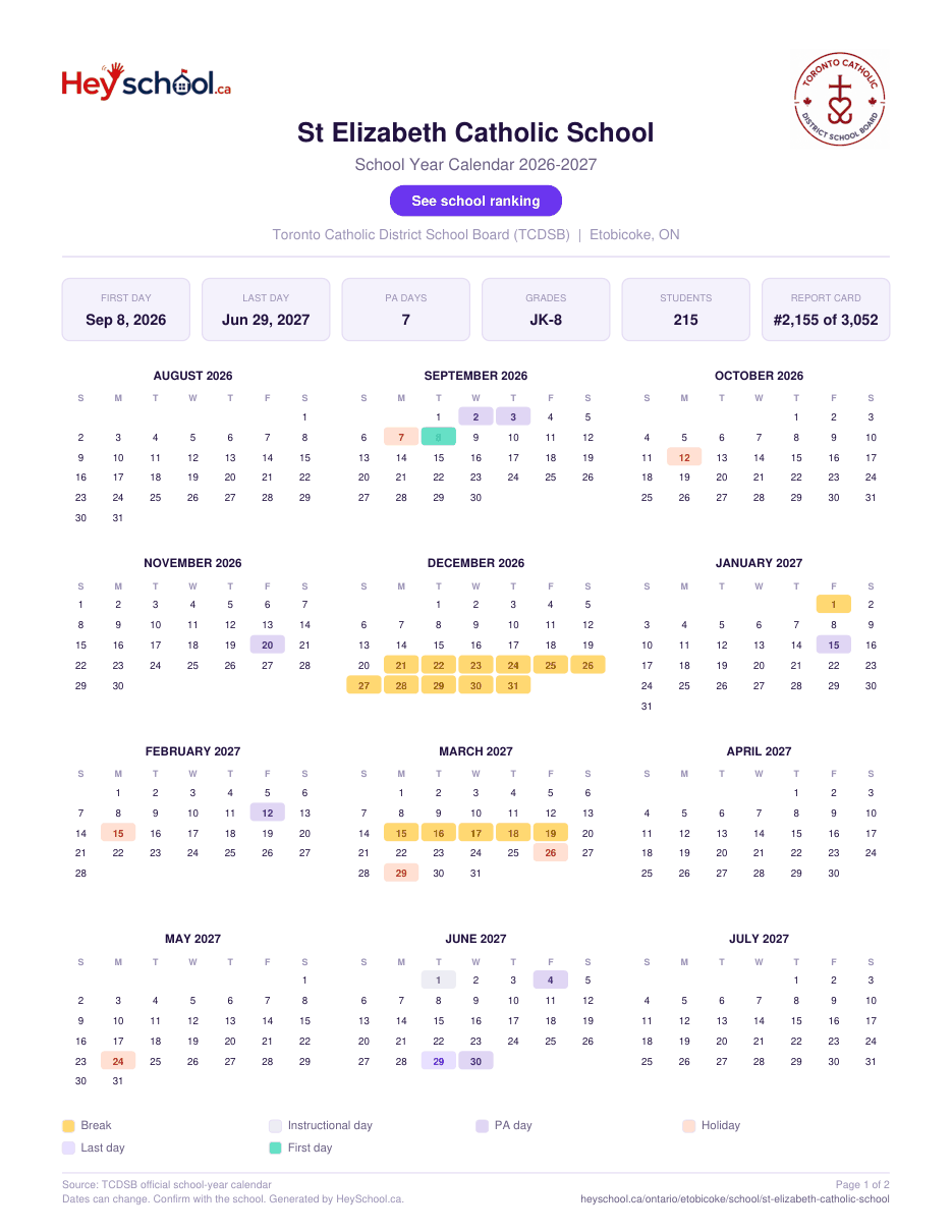 St Elizabeth Catholic School School Year Calendar 2026-2027