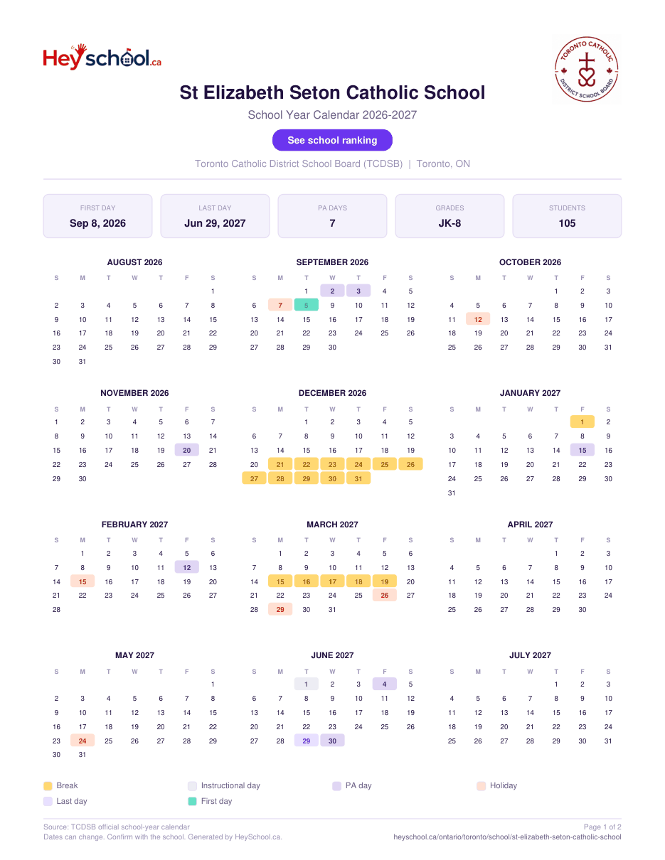 St Elizabeth Seton Catholic School School Year Calendar 2026-2027