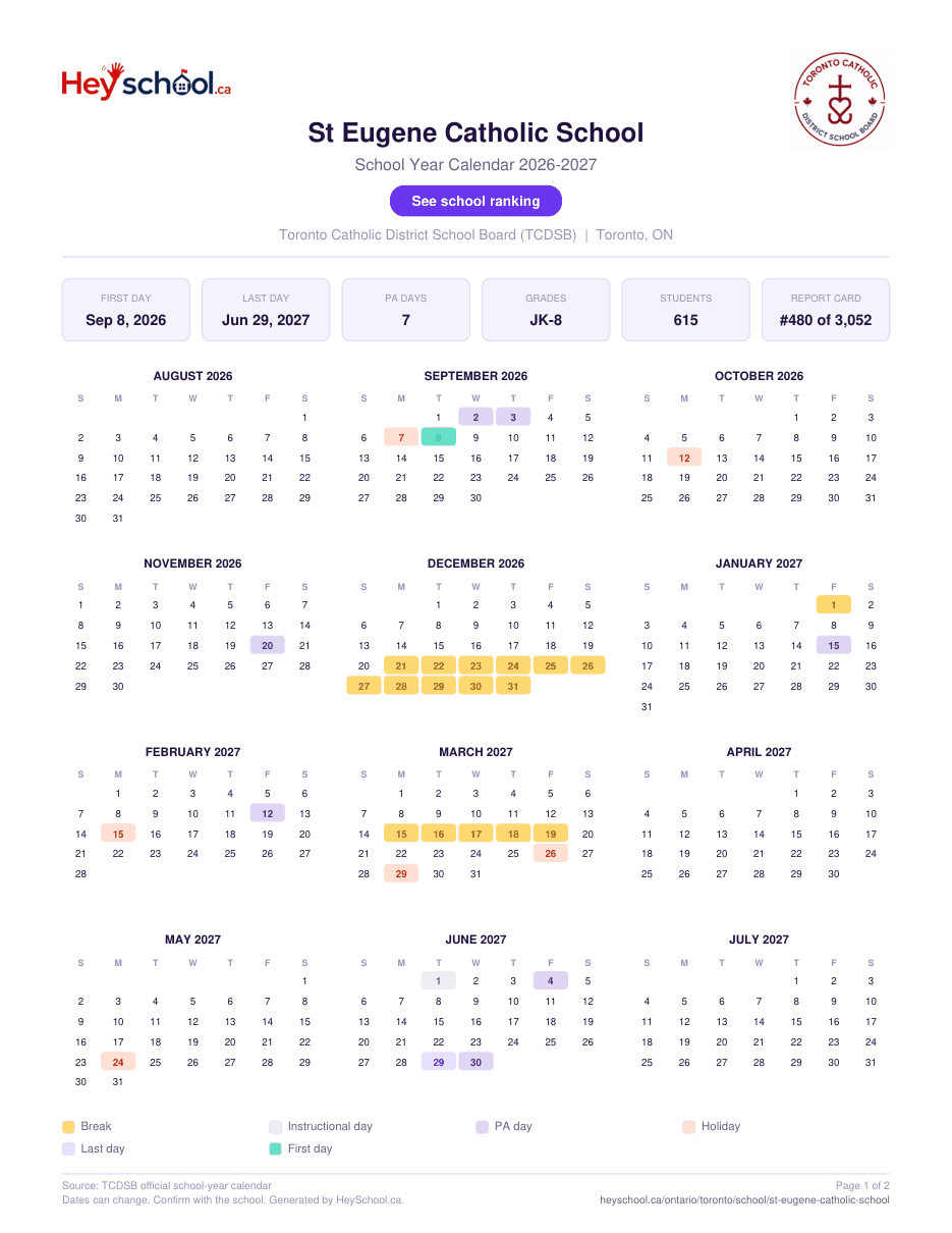 St Eugene Catholic School School Year Calendar 2026-2027