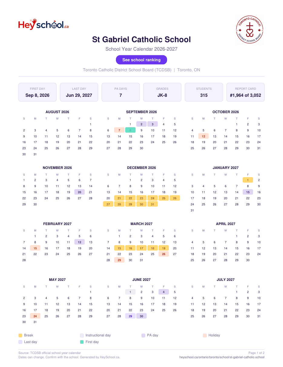 St Gabriel Catholic School School Year Calendar 2026-2027