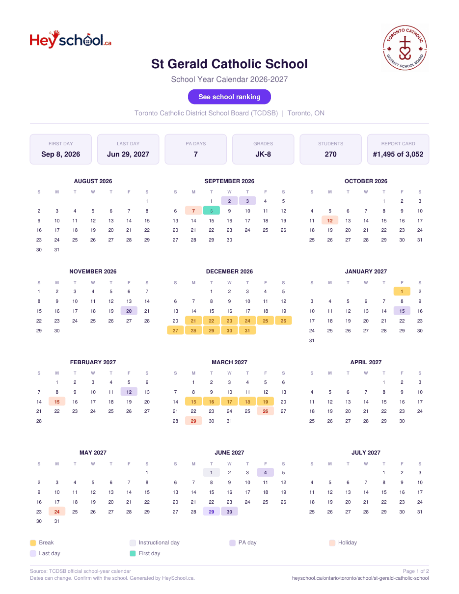 St Gerald Catholic School School Year Calendar 2026-2027