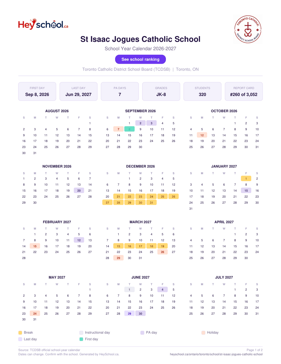 St Isaac Jogues Catholic School School Year Calendar 2026-2027