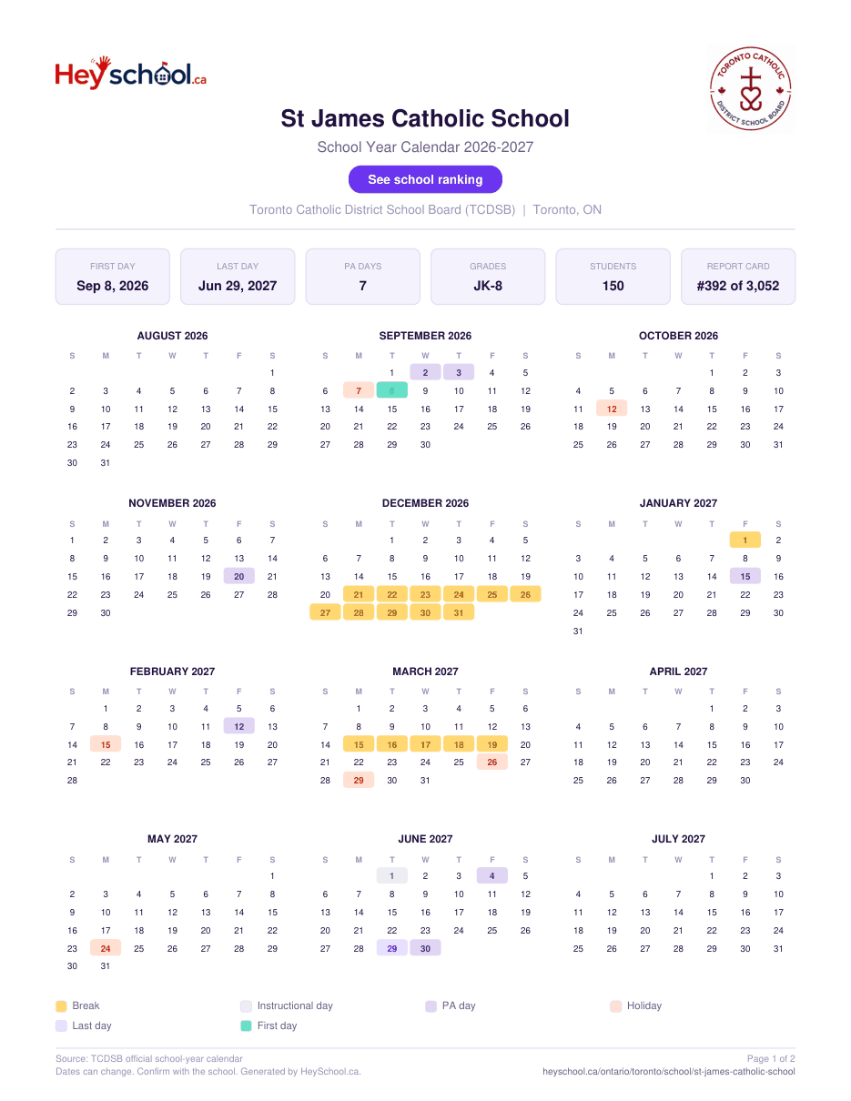 St James Catholic School School Year Calendar 2026-2027