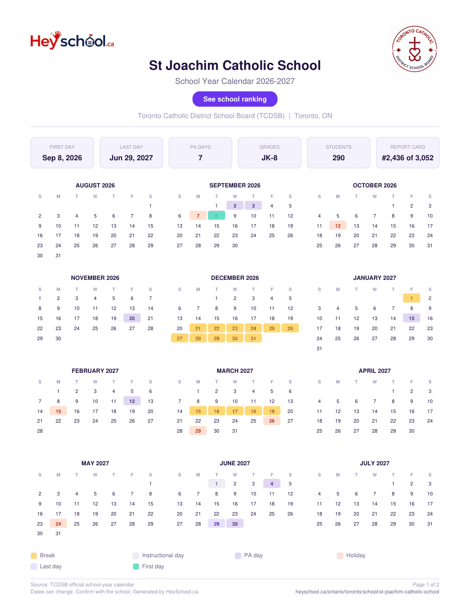 St Joachim Catholic School School Year Calendar 2026-2027