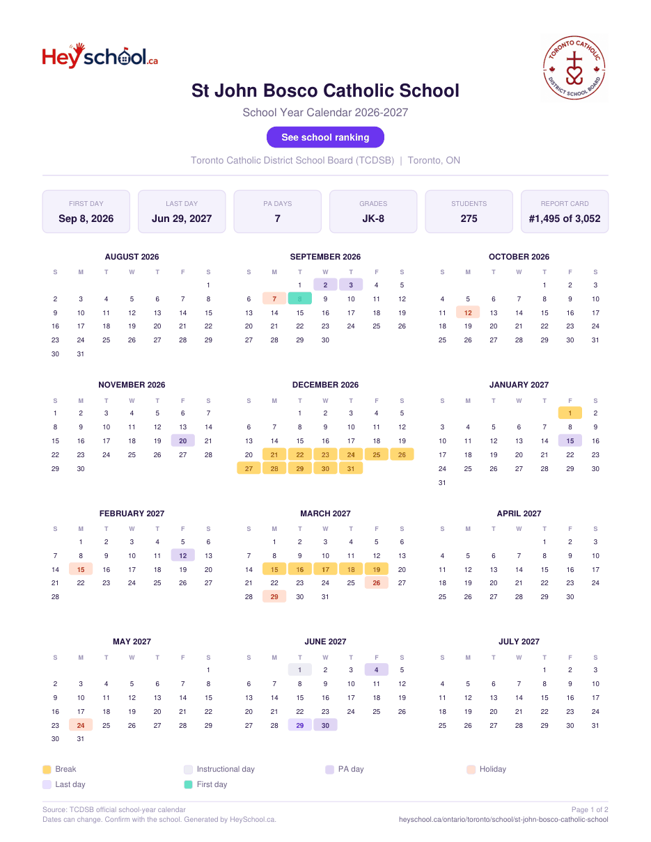 St John Bosco Catholic School School Year Calendar 2026-2027
