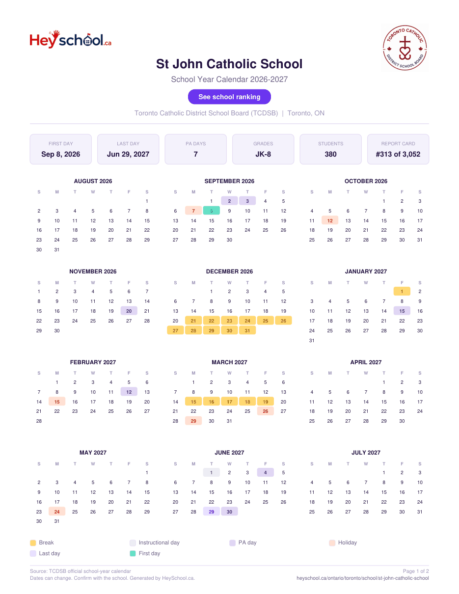 St John Catholic School School Year Calendar 2026-2027
